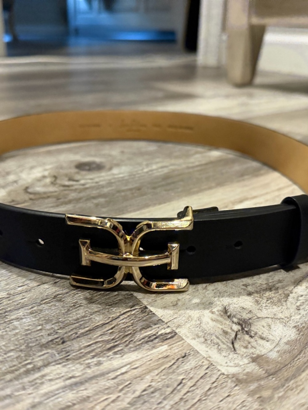Sam Edelman Black Leather Belt with Gold Double-C Buckle